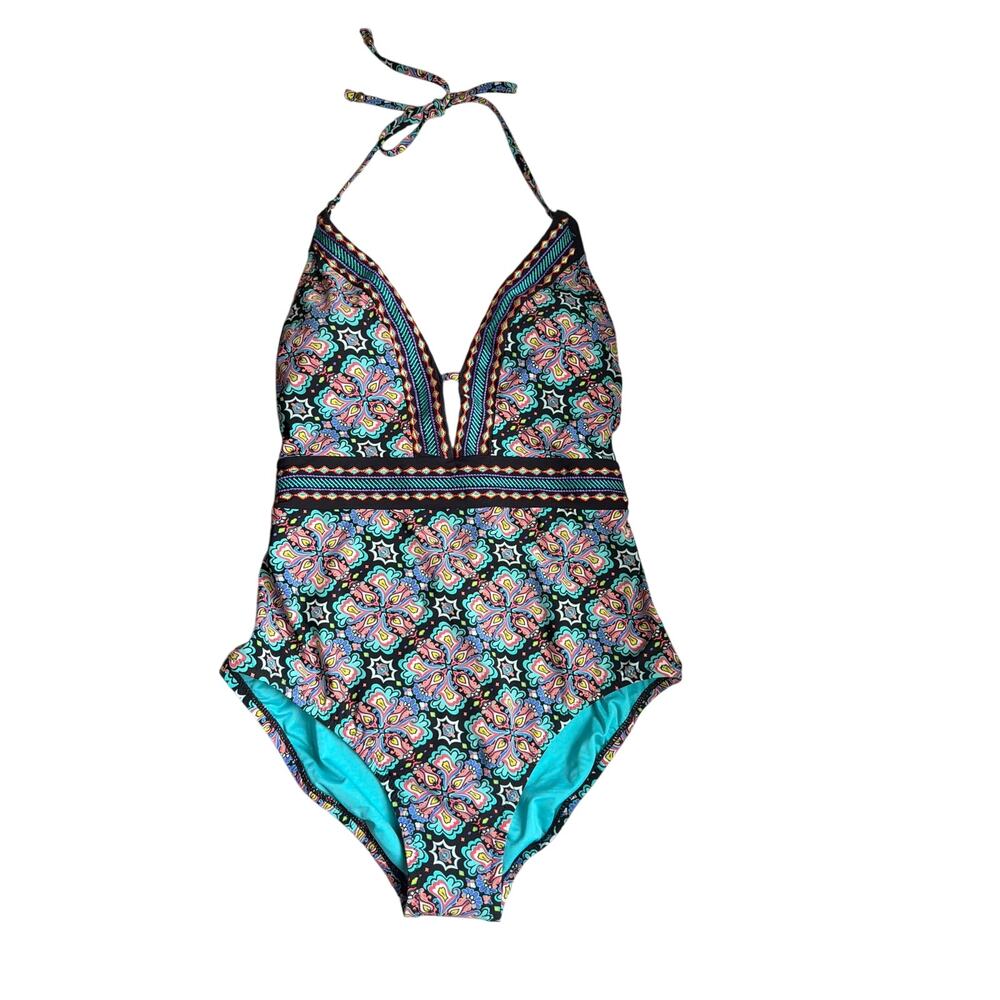 Nanette Lepore Paisley Tile Printed One-Piece Plunging V-Neck Halter Swimsuit